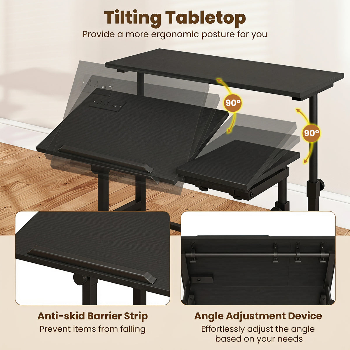 Mobile Stand-up Computer Desk Adjustable with 2 Tilting Desktops-Black