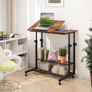 Mobile Stand up Desk Height Adjustable Standing Table with Tilting Tabletop-Rustic Brown