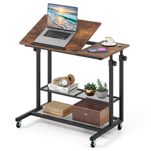 Mobile Stand up Desk Height Adjustable Standing Table with Tilting Tabletop-Rustic Brown