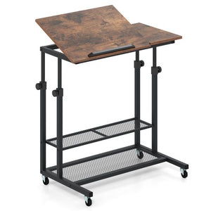 Mobile Stand up Desk Height Adjustable Standing Table with Tilting Tabletop-Rustic Brown