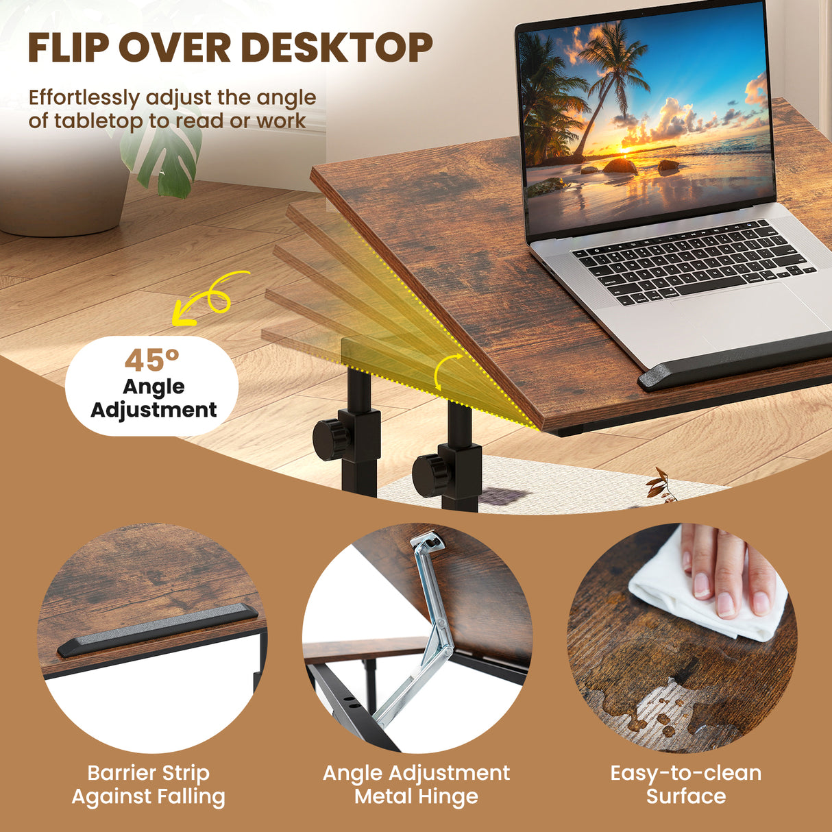 Mobile Stand up Desk Height Adjustable Standing Table with Tilting Tabletop-Rustic Brown