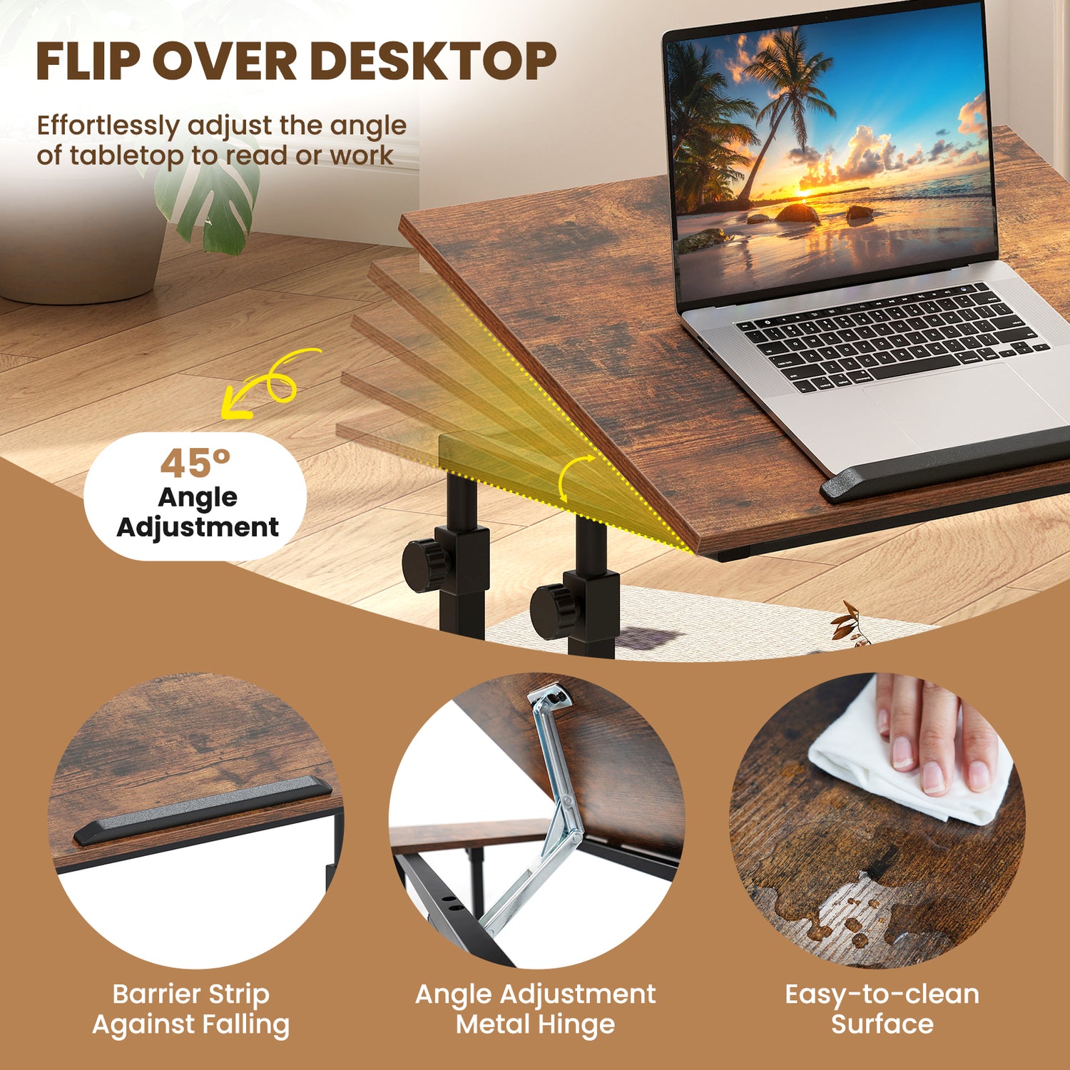 Mobile Stand up Desk Height Adjustable Standing Table with Tilting Tabletop-Rustic Brown