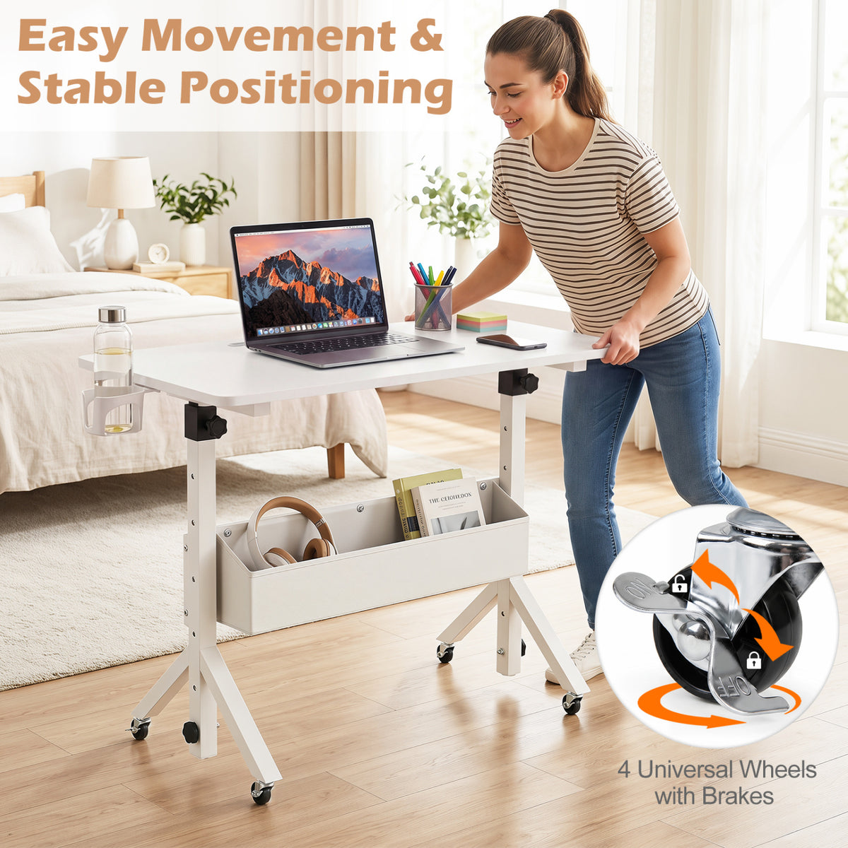 Mobile Standing Desk Height Adjustable Rolling Laptop Desk with Cup Holder Storage Basket-White