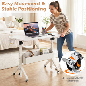 Mobile Standing Desk Height Adjustable Rolling Laptop Desk with Cup Holder Storage Basket-White