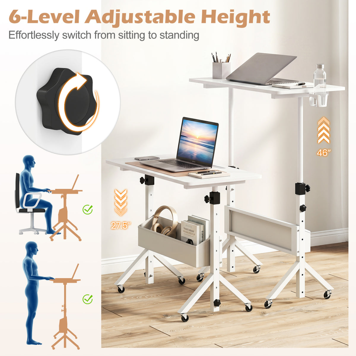 Mobile Standing Desk Height Adjustable Rolling Laptop Desk with Cup Holder Storage Basket-White