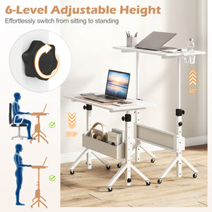 Mobile Standing Desk Height Adjustable Rolling Laptop Desk with Cup Holder Storage Basket-White