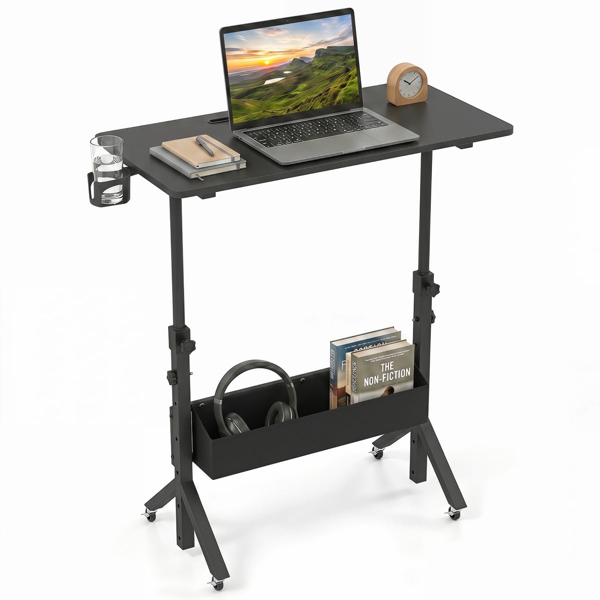 Mobile Standing Desk Height Adjustable Rolling Laptop Desk with Cup Holder Storage Basket-Black