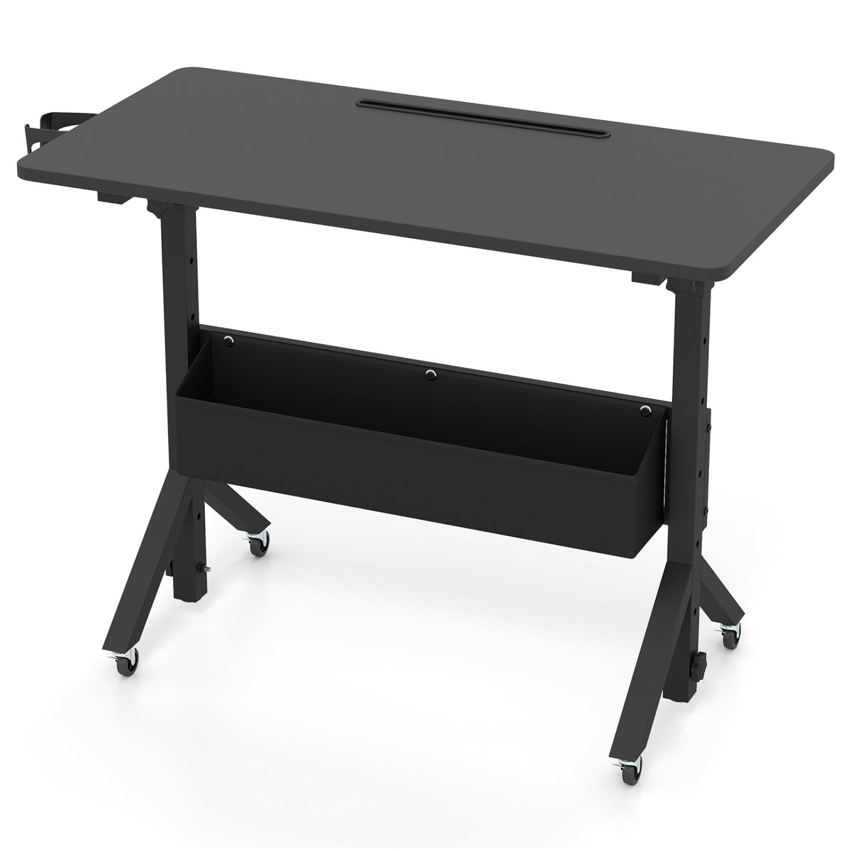 Mobile Standing Desk Height Adjustable Rolling Laptop Desk with Cup Holder Storage Basket-Black
