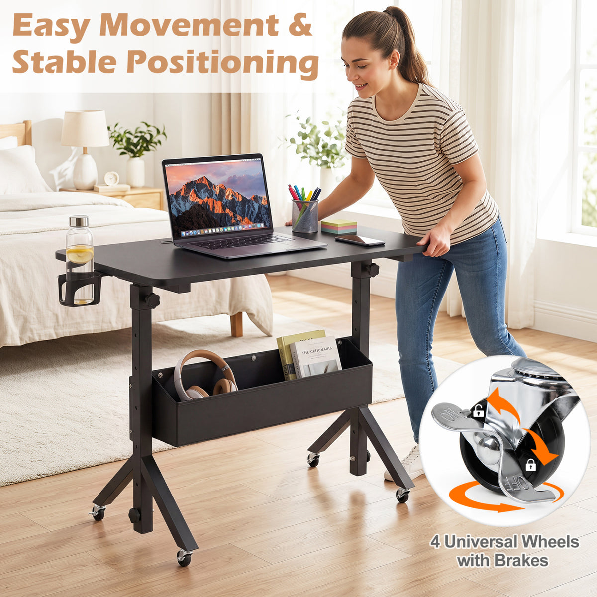 Mobile Standing Desk Height Adjustable Rolling Laptop Desk with Cup Holder Storage Basket-Black