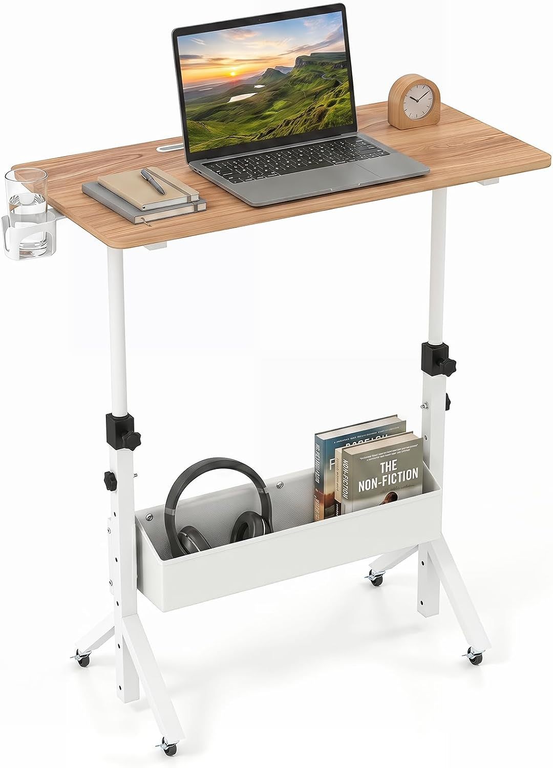 Mobile Standing Desk Height Adjustable Rolling Laptop Desk with Cup Holder Storage Basket-Natural