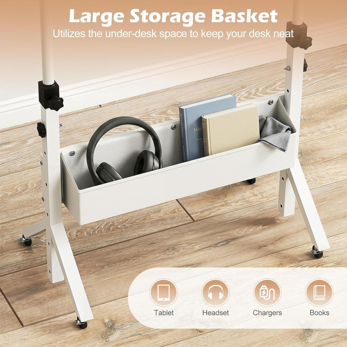 Mobile Standing Desk Height Adjustable Rolling Laptop Desk with Cup Holder Storage Basket-Natural