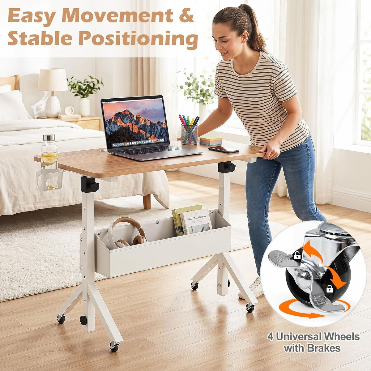 Mobile Standing Desk Height Adjustable Rolling Laptop Desk with Cup Holder Storage Basket-Natural