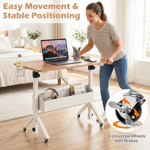 Mobile Standing Desk Height Adjustable Rolling Laptop Desk with Cup Holder Storage Basket-Natural