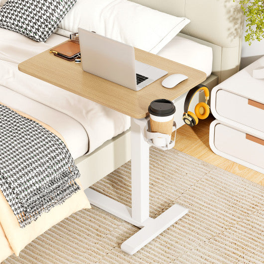 Mobile Standing Desk Height Adjustable Overbed Bedside Table with Cup Holder-Natural