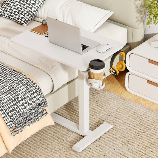 Mobile Standing Desk Height Adjustable Overbed Bedside Table with Cup Holder-White