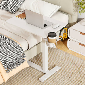 Mobile Standing Desk Height Adjustable Overbed Bedside Table with Cup Holder-White