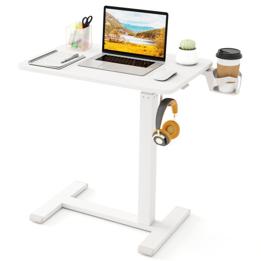 Mobile Standing Desk Height Adjustable Overbed Bedside Table with Cup Holder-White