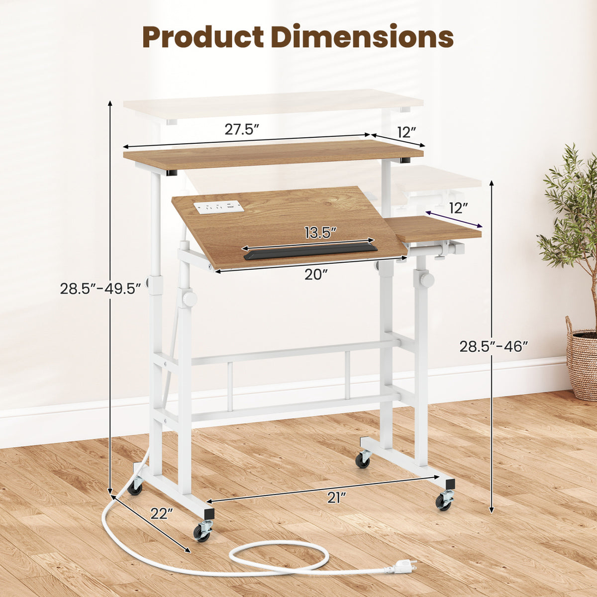 Mobile Standing up Desk Adjustable Computer Desk Tilting Workstation-Natural