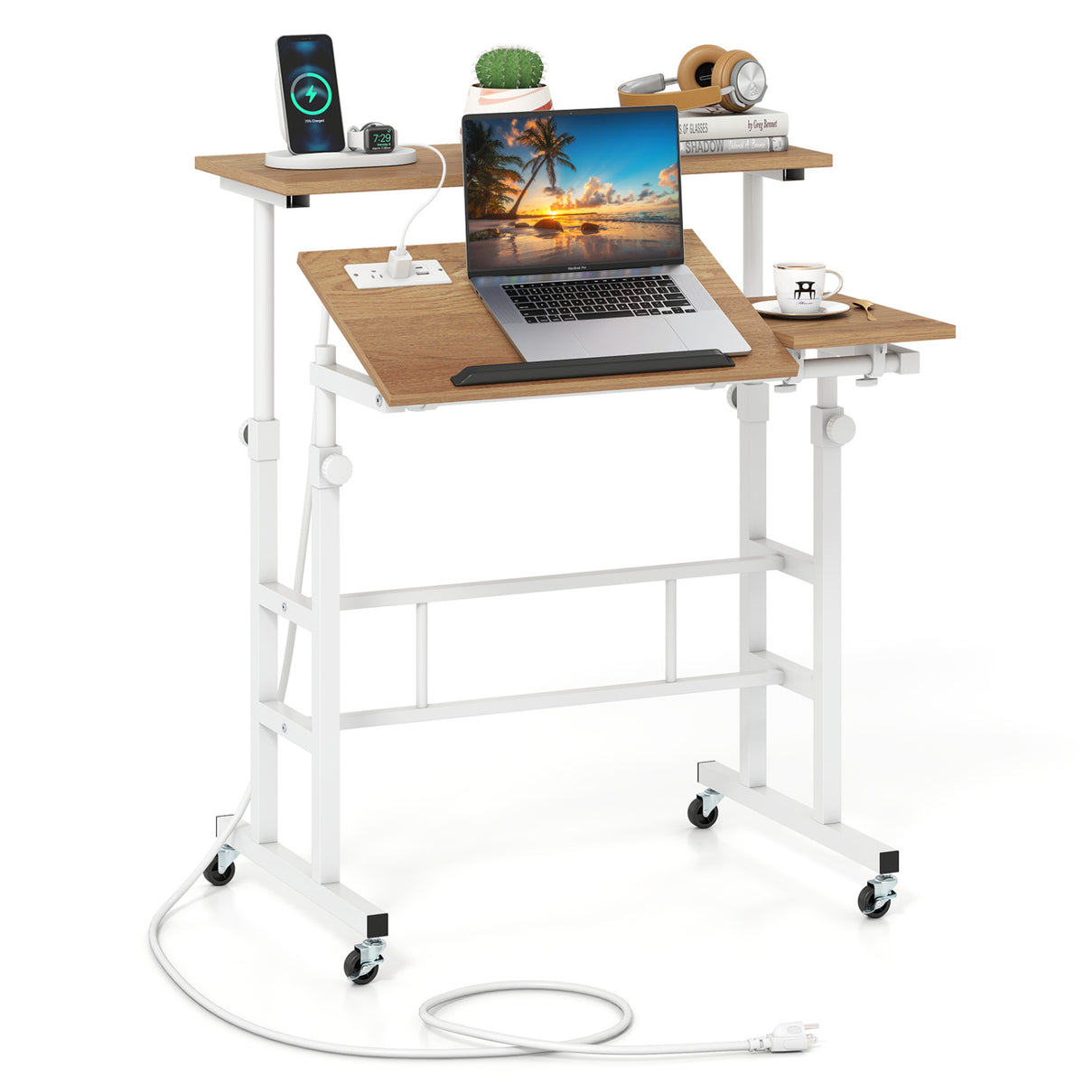 Mobile Standing up Desk Adjustable Computer Desk Tilting Workstation-Natural