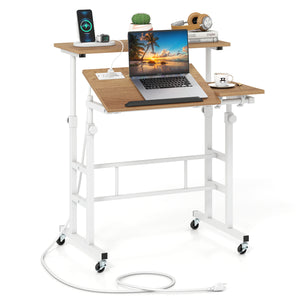 Mobile Standing up Desk Adjustable Computer Desk Tilting Workstation-Natural