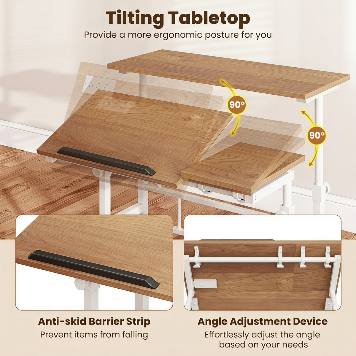 Mobile Standing up Desk Adjustable Computer Desk Tilting Workstation-Natural