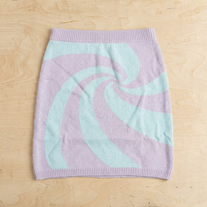 Mod Swirl Sweater Mini Skirt | Lilac & Pale Blue Knit Skirt with Intarsia Design (SM–XL)