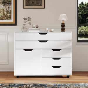 Modern Vertical 5-Drawer Mobile Chest with Door 5 Casters-White