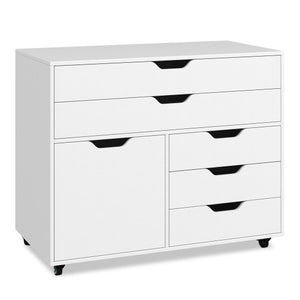 Modern Vertical 5-Drawer Mobile Chest with Door 5 Casters-White