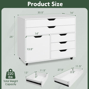 Modern Vertical 5-Drawer Mobile Chest with Door 5 Casters-White
