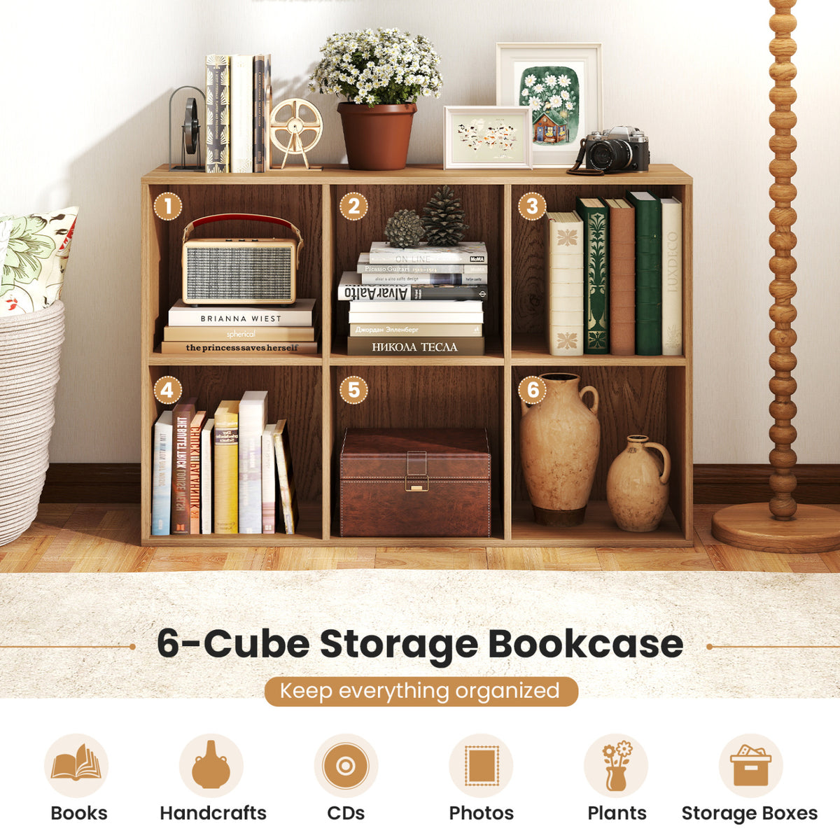 Modern 6-Cube Bookcase with Anti-tipping Kits for Bedroom Living Room-Natural