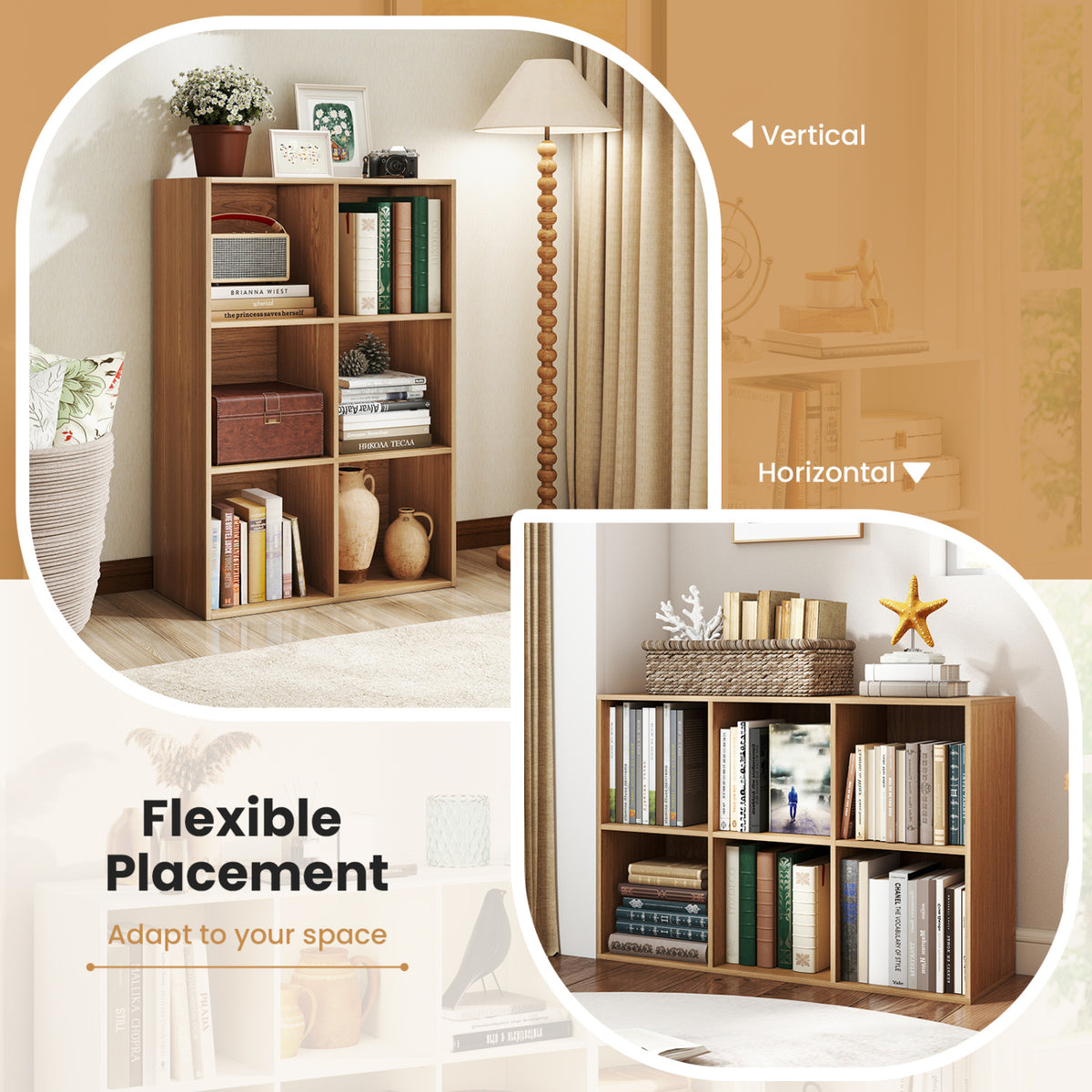 Modern 6-Cube Bookcase with Anti-tipping Kits for Bedroom Living Room-Natural