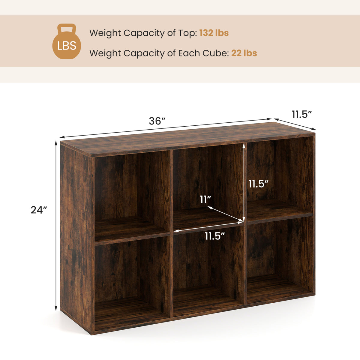 Modern 6-Cube Bookcase with Anti-tipping Kits for Bedroom Living Room-Rustic Brown