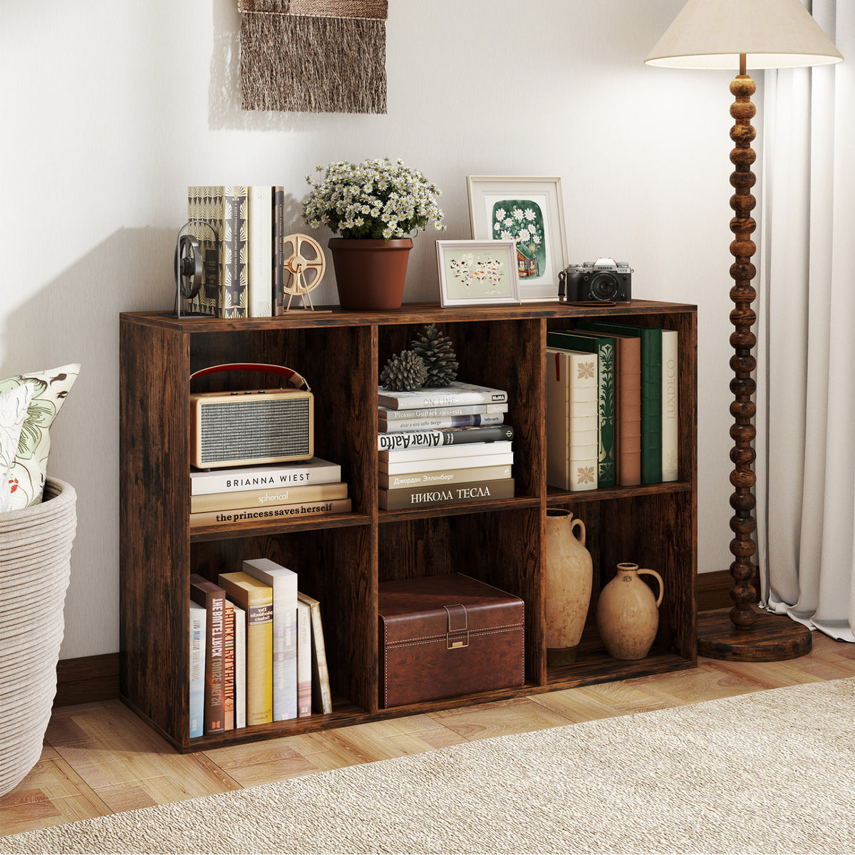 Modern 6-Cube Bookcase with Anti-tipping Kits for Bedroom Living Room-Rustic Brown