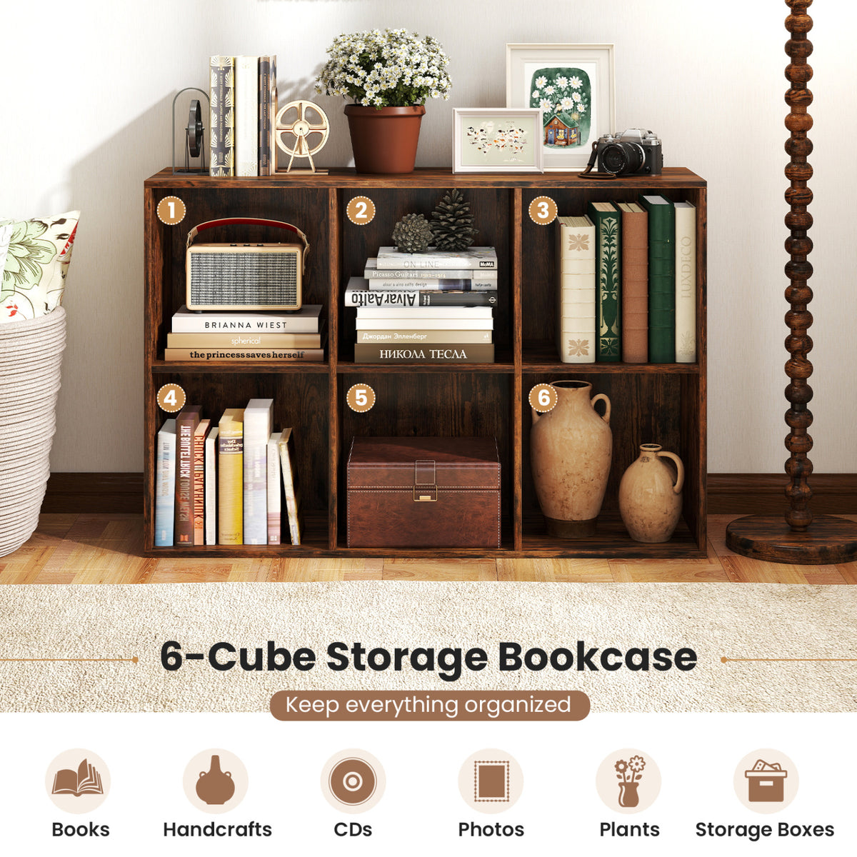 Modern 6-Cube Bookcase with Anti-tipping Kits for Bedroom Living Room-Rustic Brown