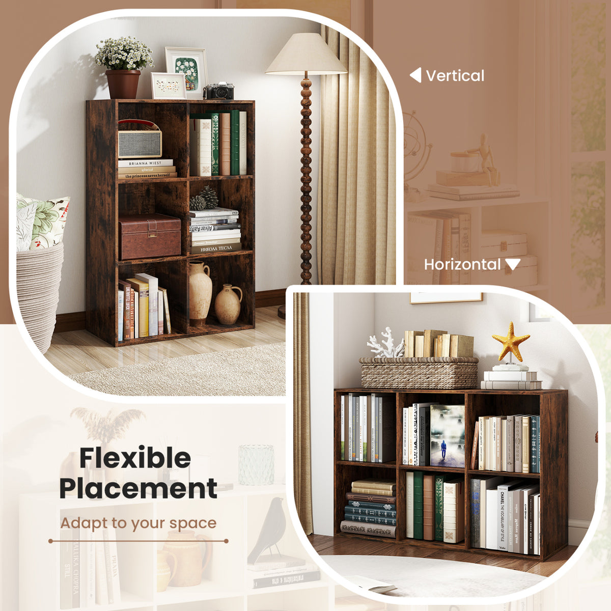Modern 6-Cube Bookcase with Anti-tipping Kits for Bedroom Living Room-Rustic Brown