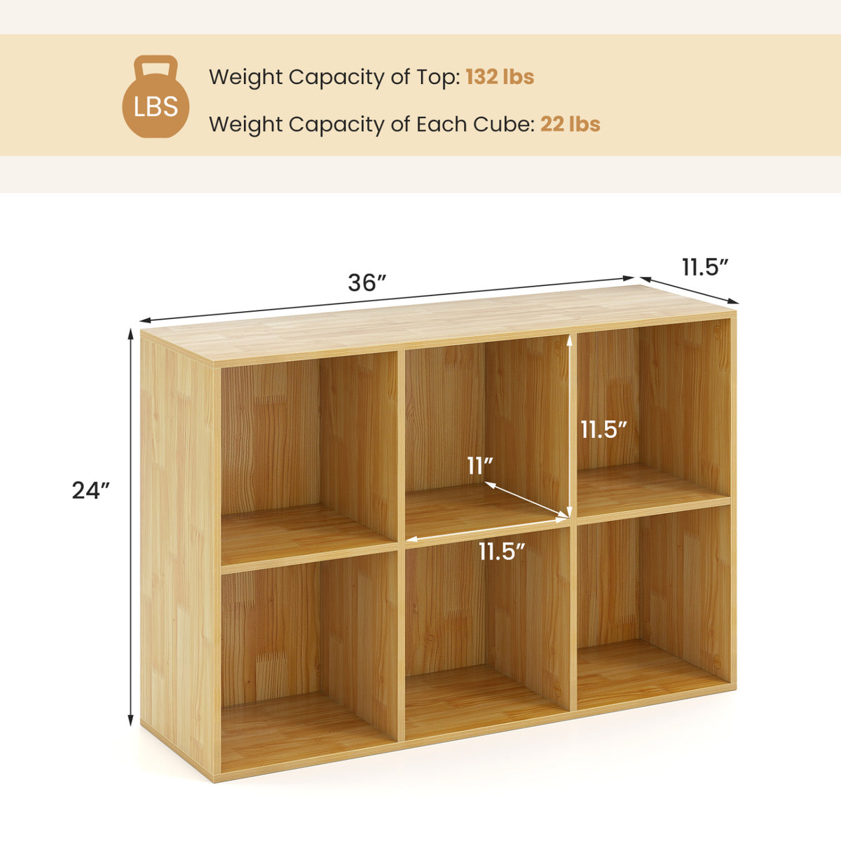 Modern 6-Cube Bookcase with Anti-tipping Kits for Bedroom Living Room-Burlywood