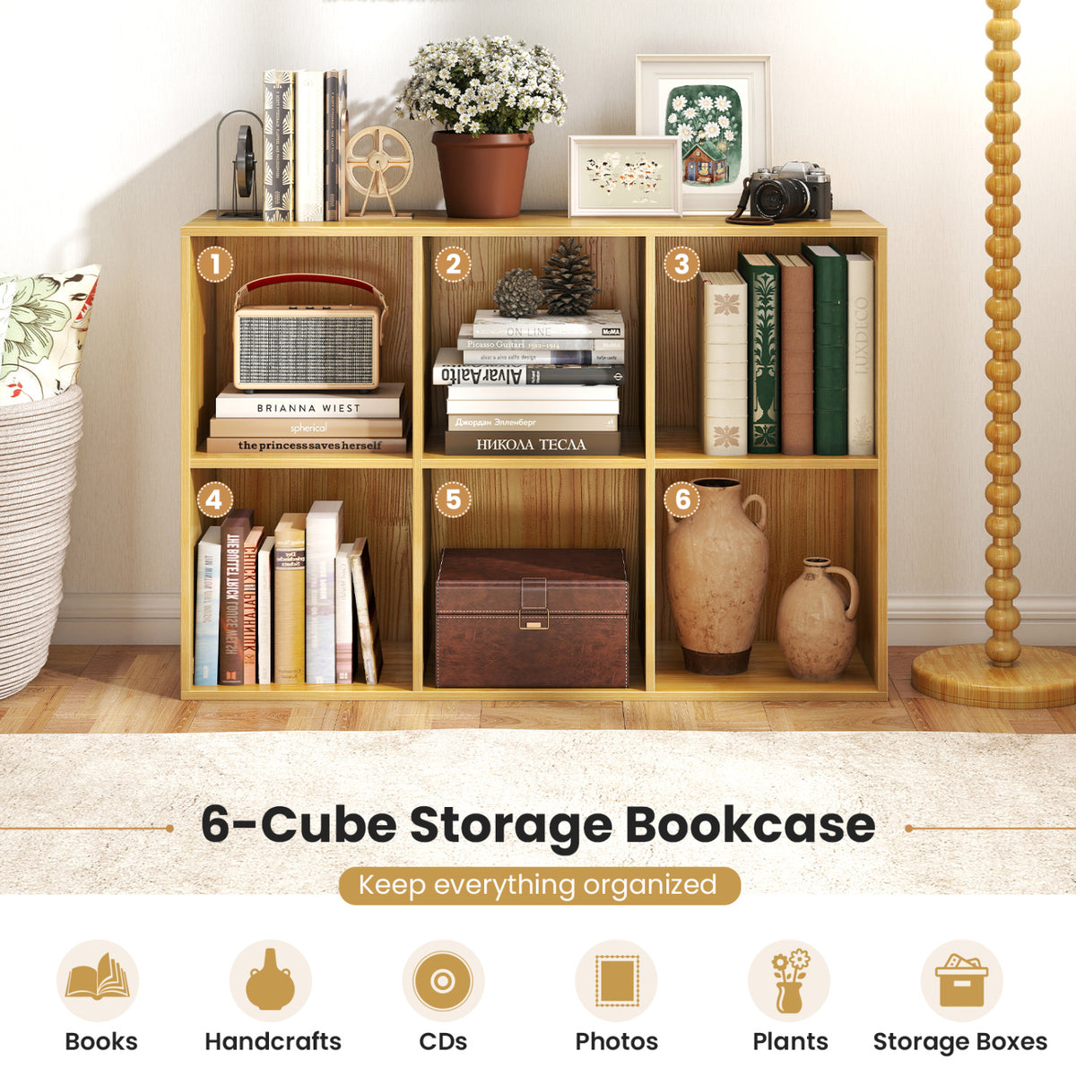 Modern 6-Cube Bookcase with Anti-tipping Kits for Bedroom Living Room-Burlywood