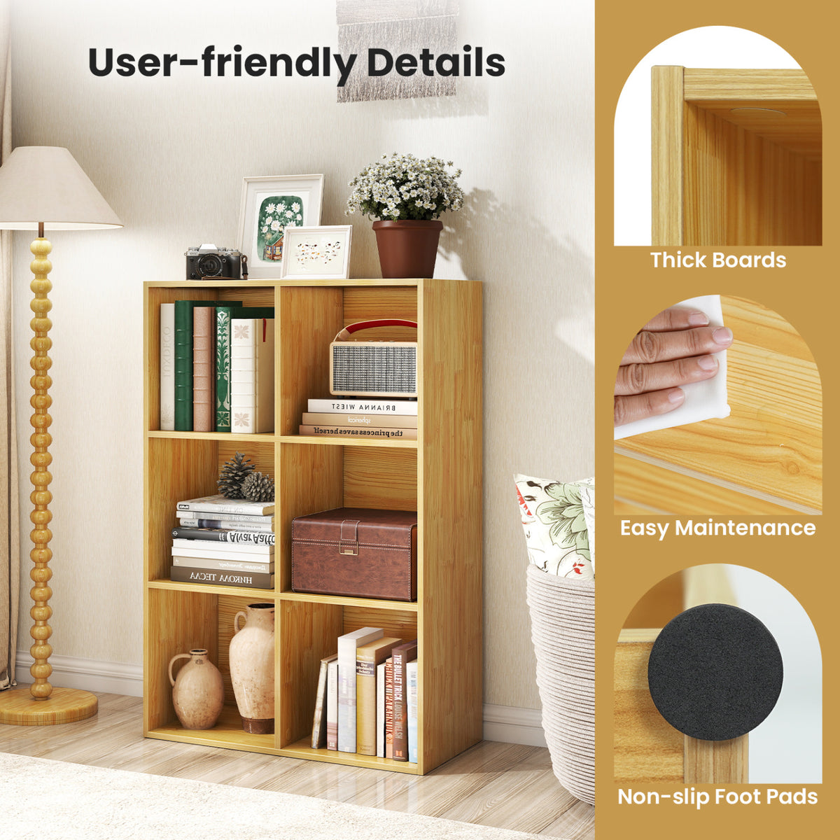 Modern 6-Cube Bookcase with Anti-tipping Kits for Bedroom Living Room-Burlywood