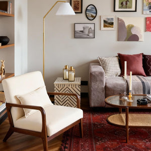 Modern Accent Chair with Rubber Wood Frame and Lumbar Pillow-Beige