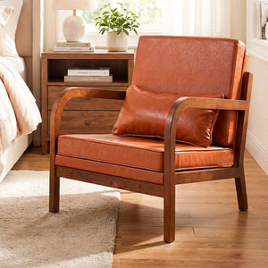 Modern Accent Chair Faux Leather Linen Fabric Upholstered Armchair-Brown