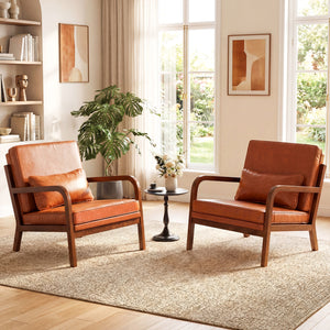 Modern Accent Chair Faux Leather Linen Fabric Upholstered Armchair-Brown