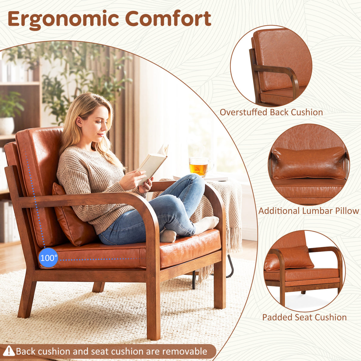 Modern Accent Chair Faux Leather Linen Fabric Upholstered Armchair-Brown