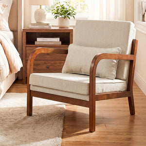 Modern Accent Chair Faux Leather Linen Fabric Upholstered Armchair-White