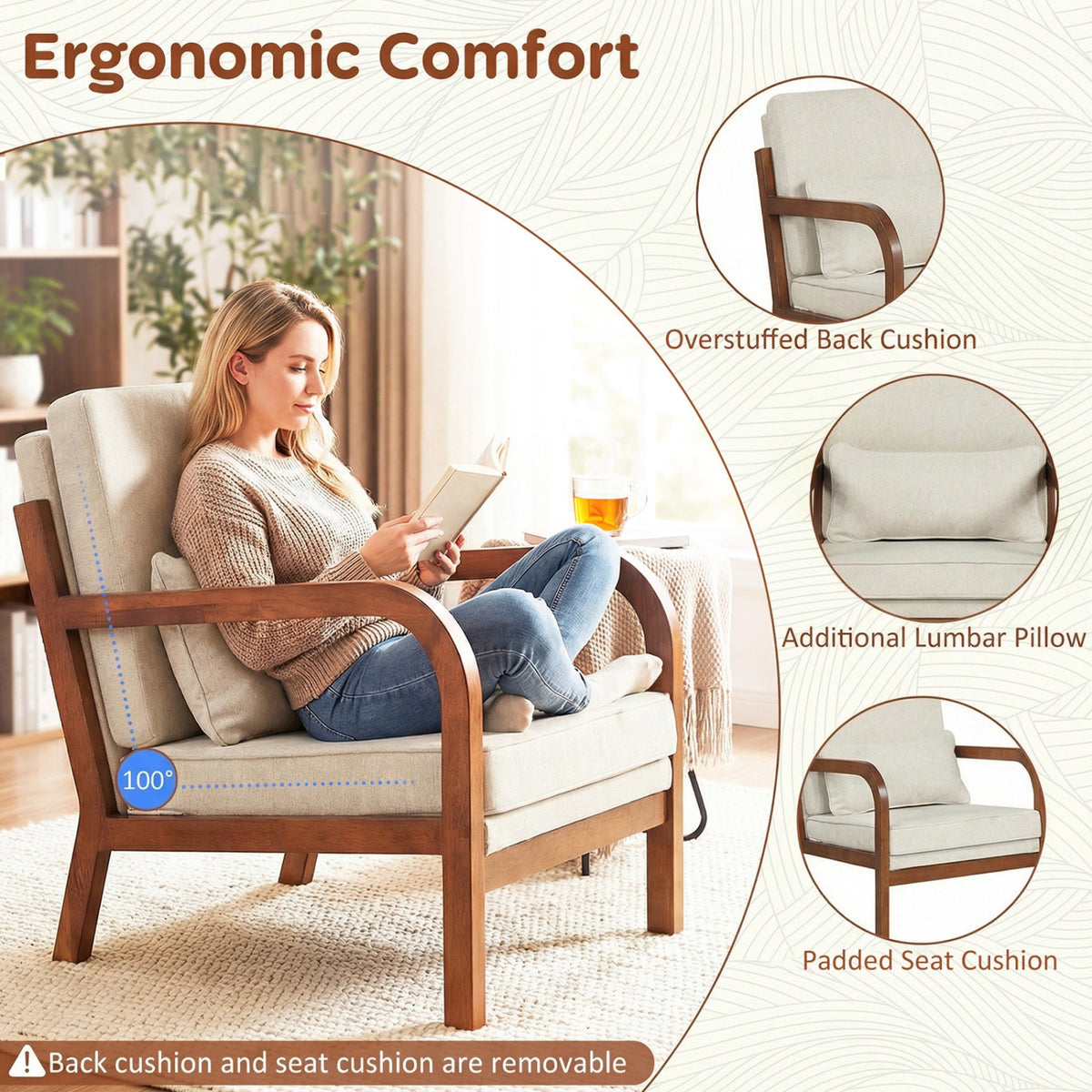 Modern Accent Chair Faux Leather Linen Fabric Upholstered Armchair-White