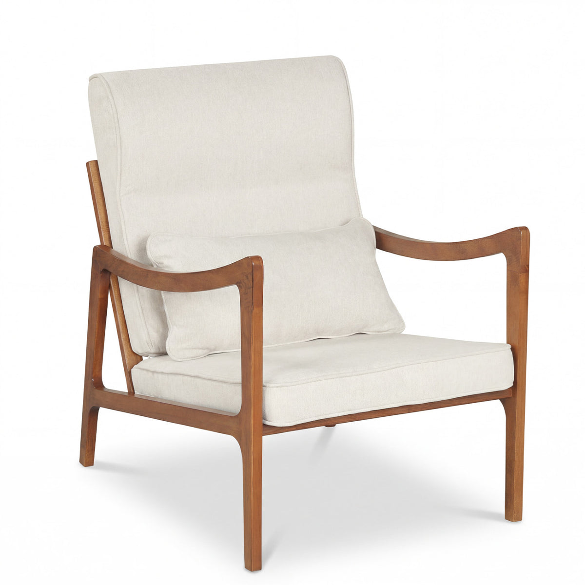 Modern Accent Chair with Solid Rubber Wood Faux Leather Upholstered Armchair-White
