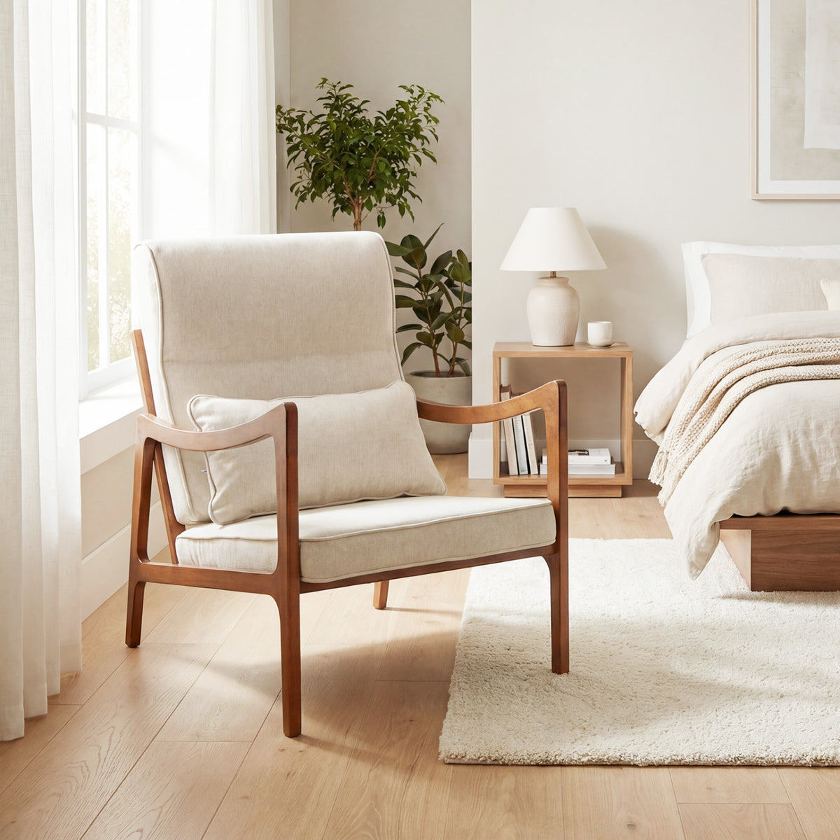 Modern Accent Chair with Solid Rubber Wood Faux Leather Upholstered Armchair-White