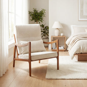 Modern Accent Chair with Solid Rubber Wood Faux Leather Upholstered Armchair-White