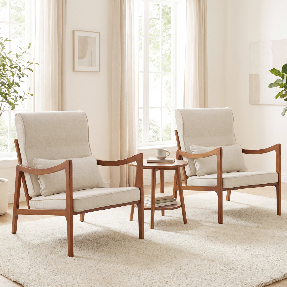 Modern Accent Chair with Solid Rubber Wood Faux Leather Upholstered Armchair-White