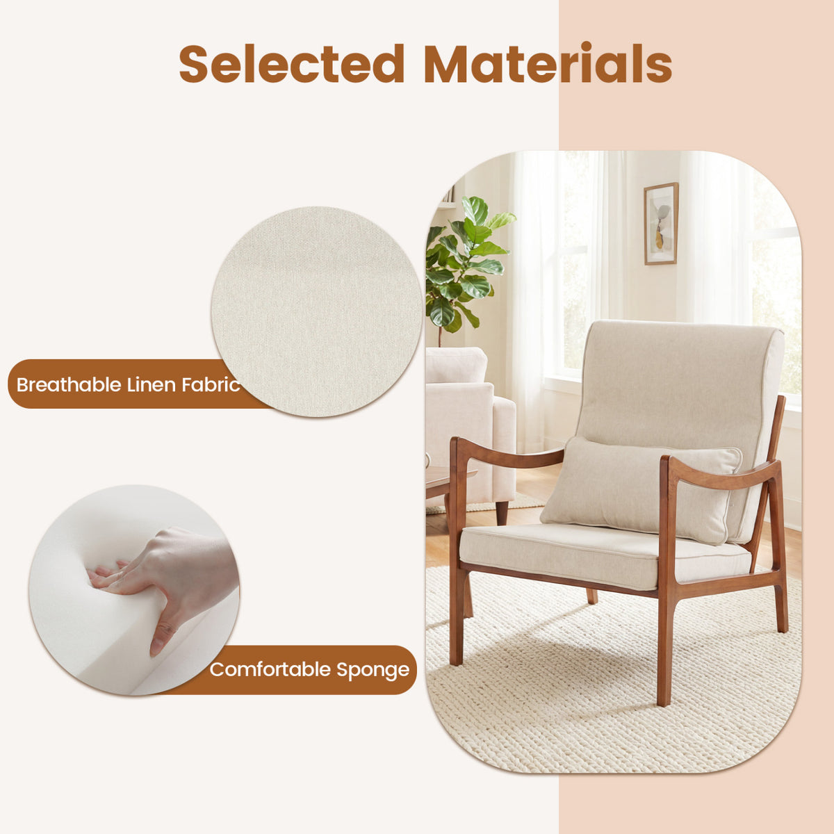 Modern Accent Chair with Solid Rubber Wood Faux Leather Upholstered Armchair-White