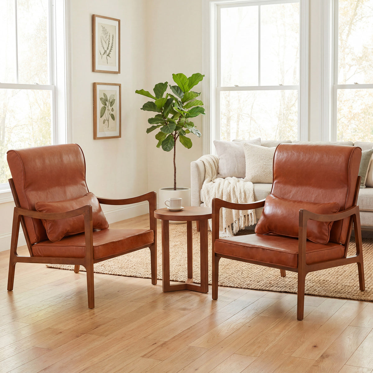 Modern Accent Chair with Solid Rubber Wood Faux Leather Upholstered Armchair-Brown